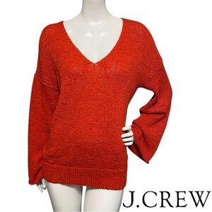 J. Crew Orange Knit Cotton Blend V-Neck Pullover Sweater Flared Sleeves Sz Large